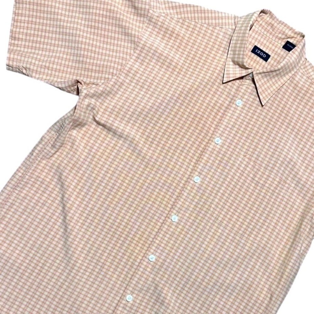 IZOD Men's Short Sleeve Plaid Button Down Shirt‎ Tan Red Size L